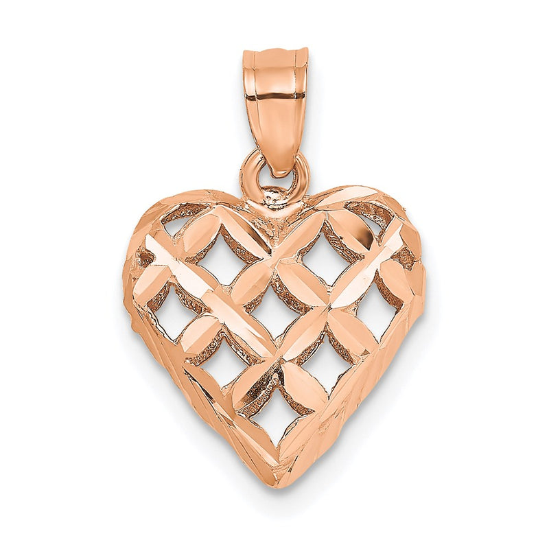 14K Rose Gold Polished 3-D Diamond-Cut Puffed Heart Charm