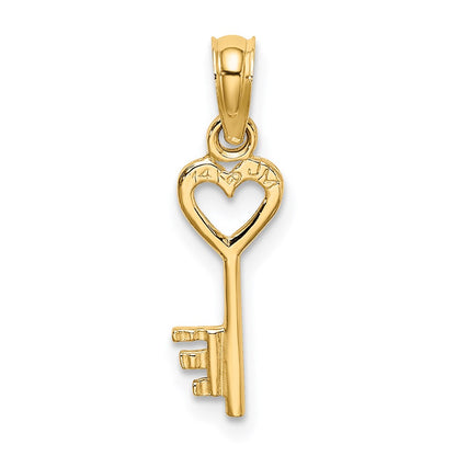 14K Yellow Gold 3D Key W/ Heart Charm