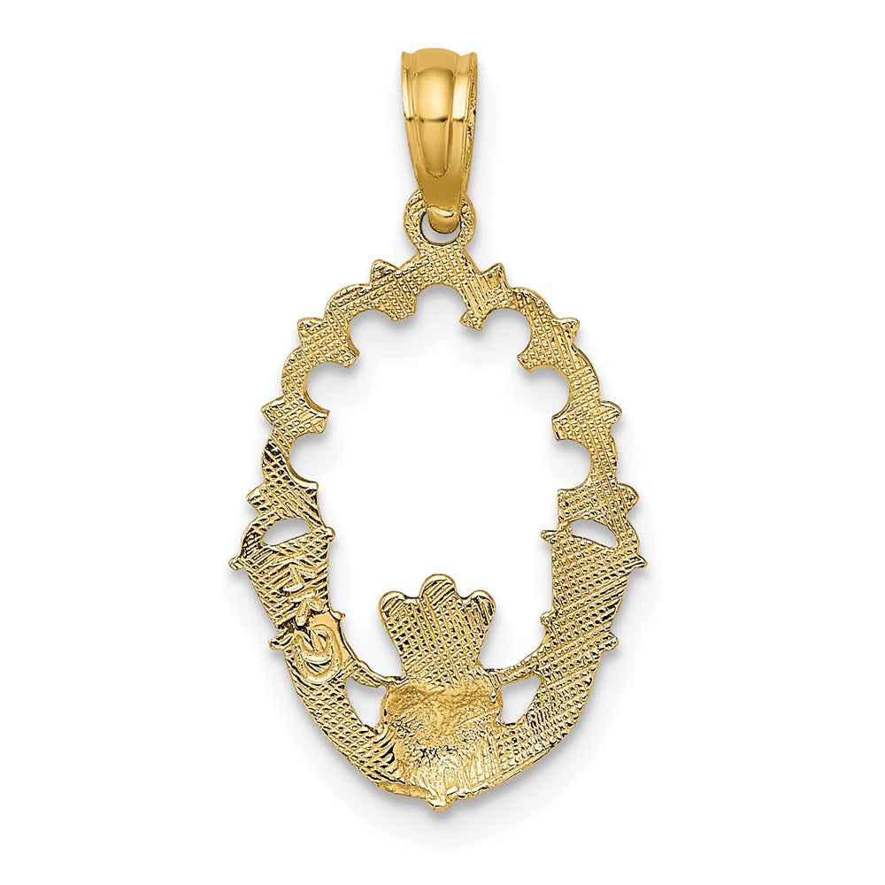 14K Yellow Gold Engraved Claddagh In Oval W/ Lace Trim Charm