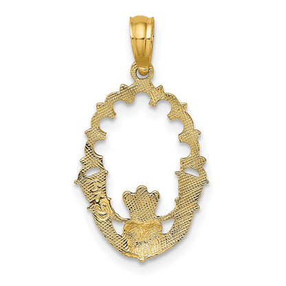 14K Yellow Gold Engraved Claddagh In Oval W/ Lace Trim Charm
