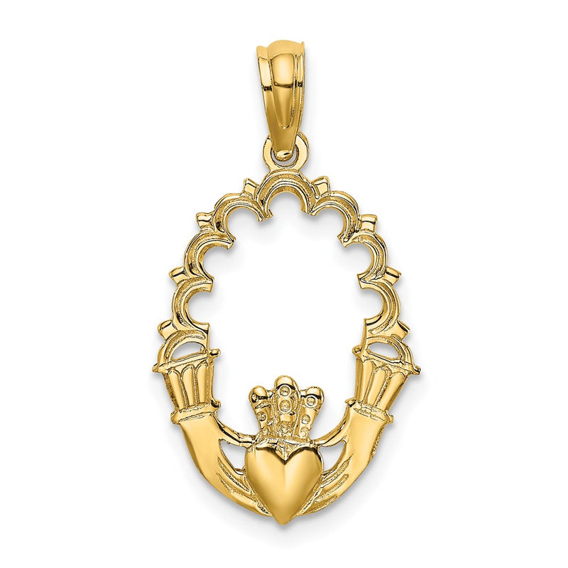 14K Yellow Gold Engraved Claddagh In Oval W/ Lace Trim Charm