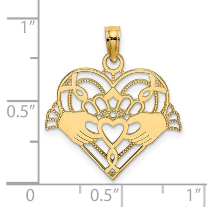 14K Yellow Gold Polished And Beaded Claddagh In Heart Charm