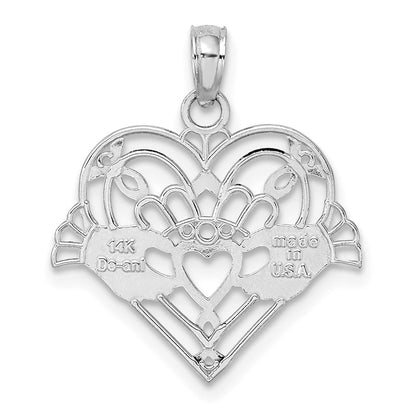 14K White Gold Polished And Beaded Claddagh In Heart Charm