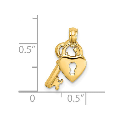 14K Yellow Gold Moveable Dangling Heart And Key Charm