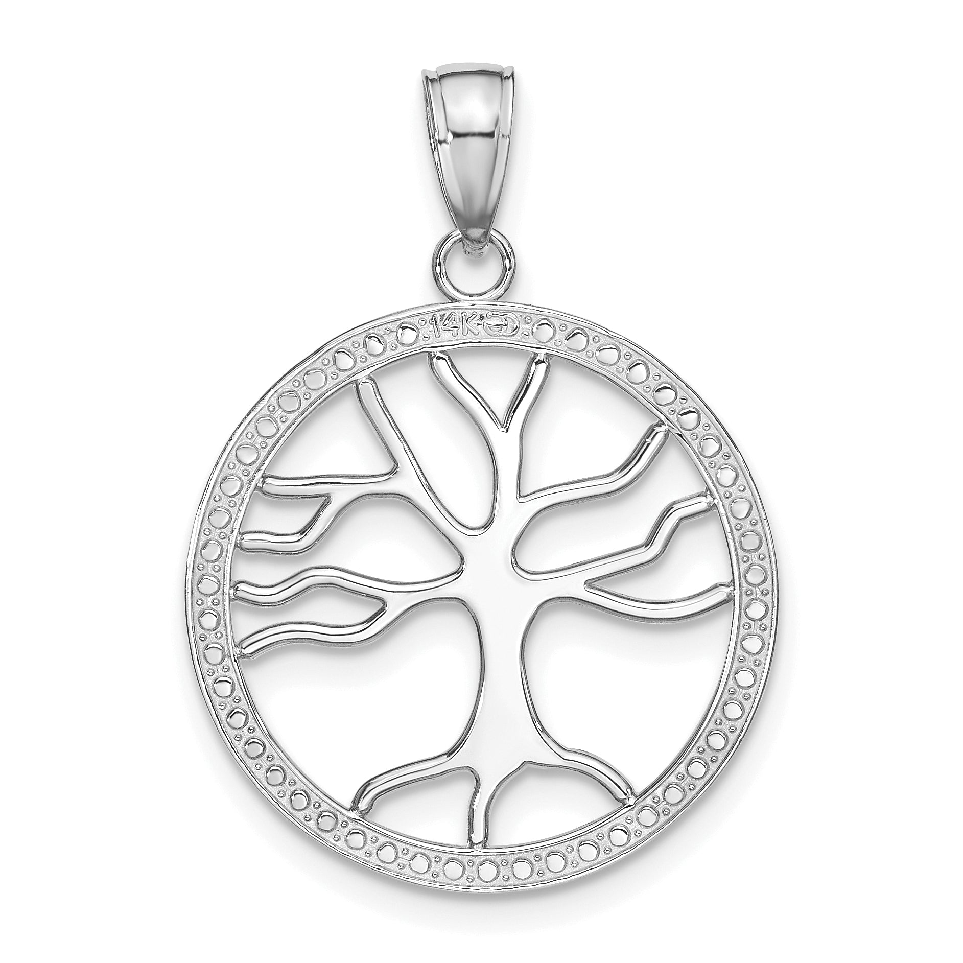 14k White Gold Large Tree Of Life In Round Frame Charm
