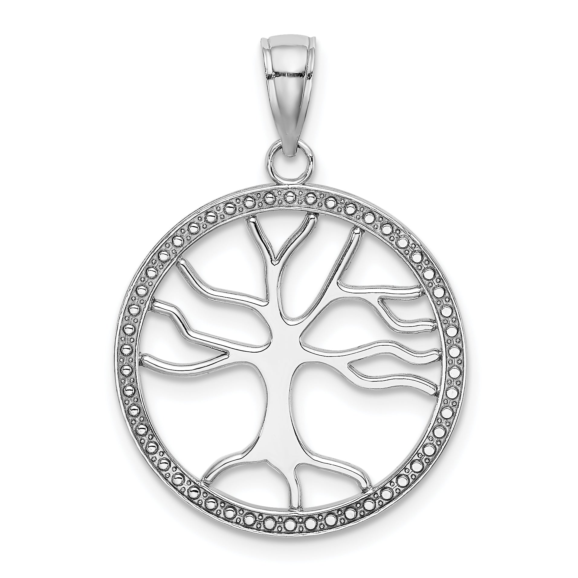 14k White Gold Large Tree Of Life In Round Frame Charm