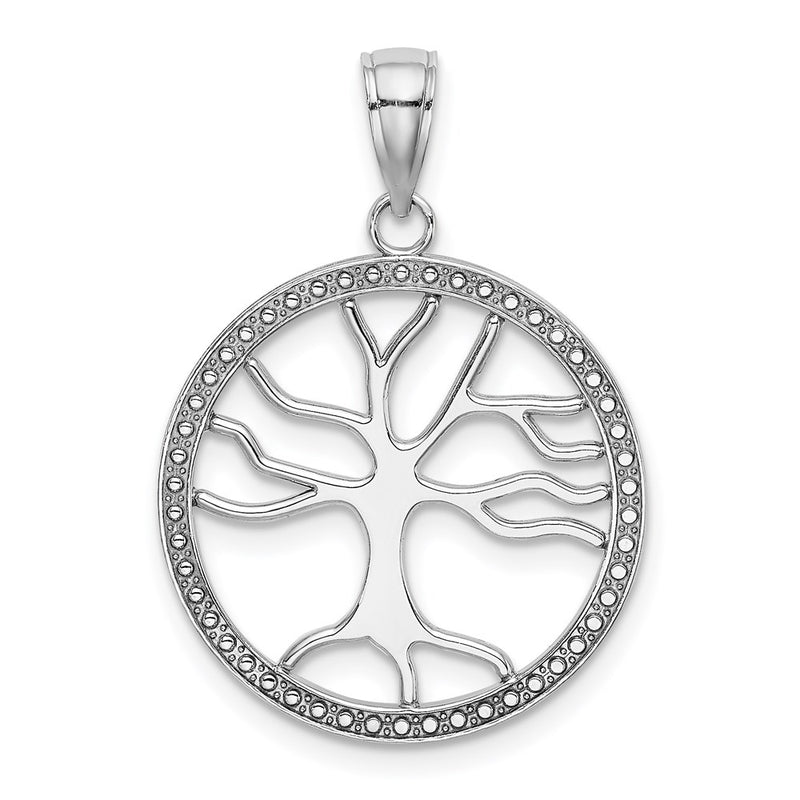 14k White Gold Large Tree Of Life In Round Frame Charm
