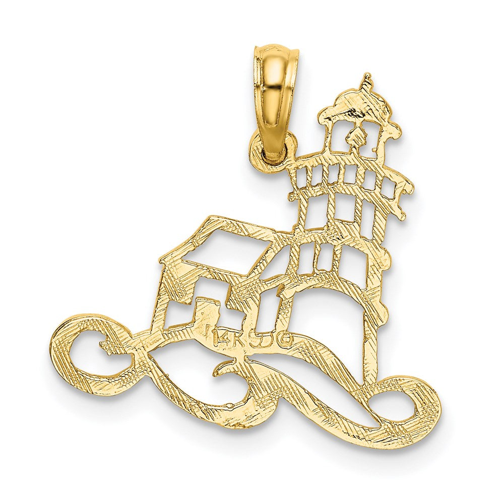 14K Yellow Gold Cut-Out Lighthouse W/ Water Charm