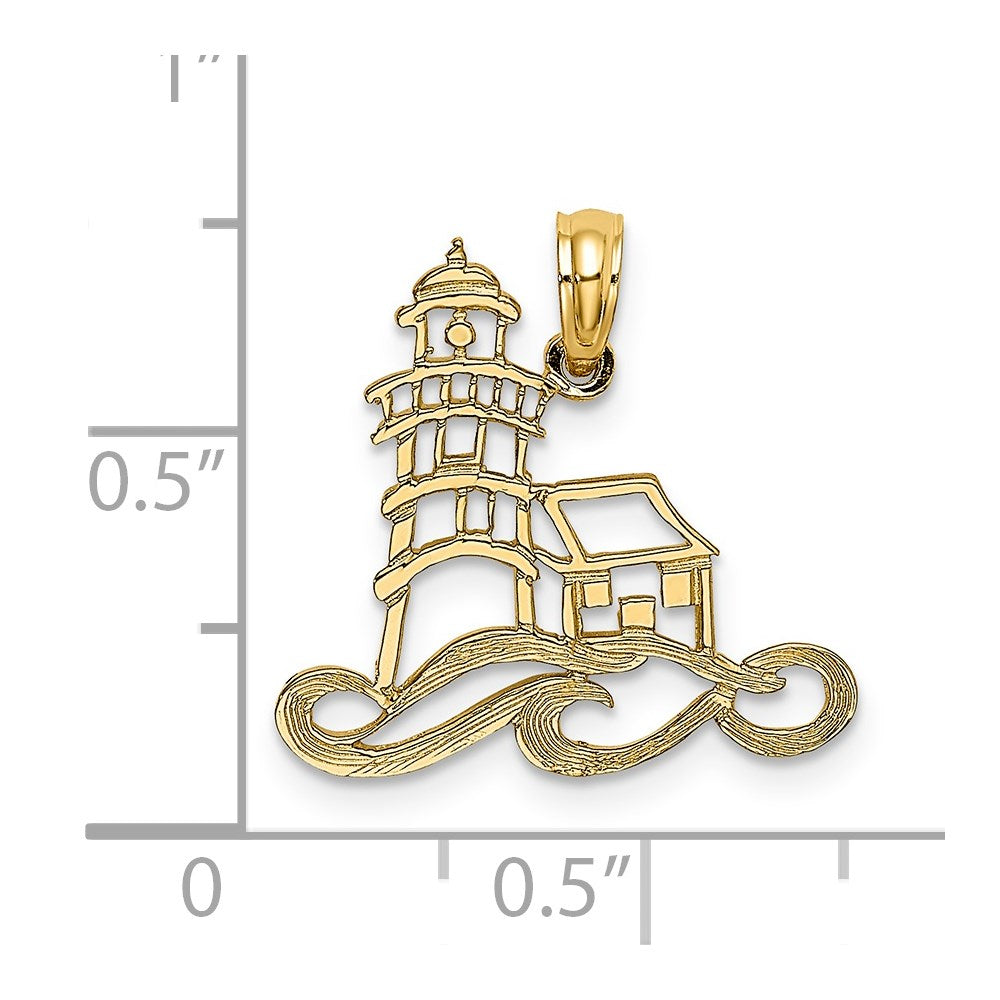 14K Yellow Gold Cut-Out Lighthouse W/ Water Charm
