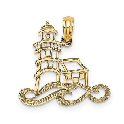 14K Yellow Gold Cut-Out Lighthouse W/ Water Charm
