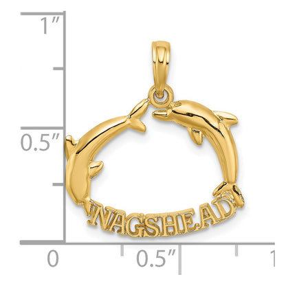 14K Yellow Gold Polished Nags Head W/ Jumping Dolphins Charm