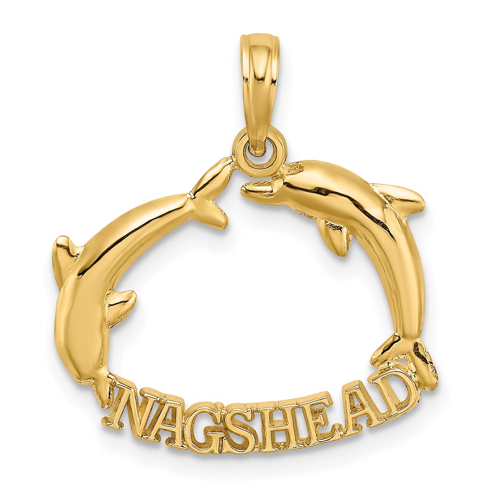 14K Yellow Gold Polished Nags Head W/ Jumping Dolphins Charm