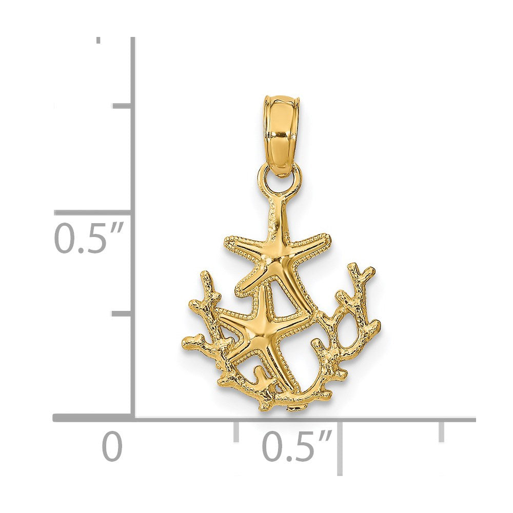 14K Yellow Gold Textured Mini Double Starfish And Coral Charm