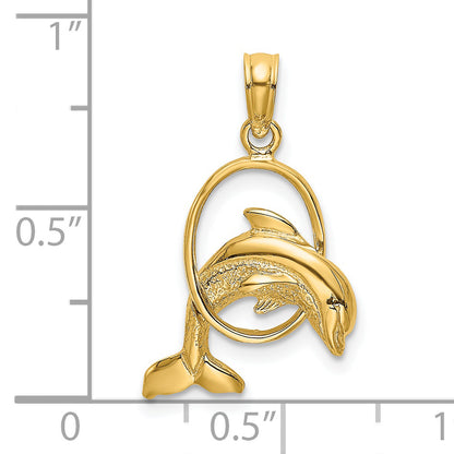 14K Yellow Gold Polished Dolphin Jumping Through Hoop Charm