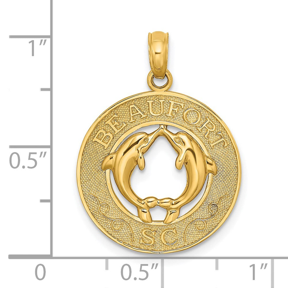 14k Yellow Gold BEAUFORT SC w/Dolphins Circle Charm