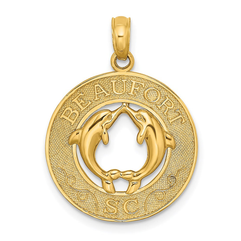 14k Yellow Gold BEAUFORT SC w/Dolphins Circle Charm
