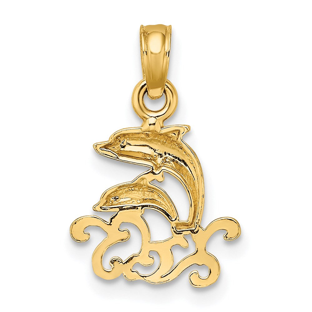 14K Yellow Gold Textured Mini Double Dolphins And Waves Charm