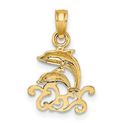 14K Yellow Gold Textured Mini Double Dolphins And Waves Charm