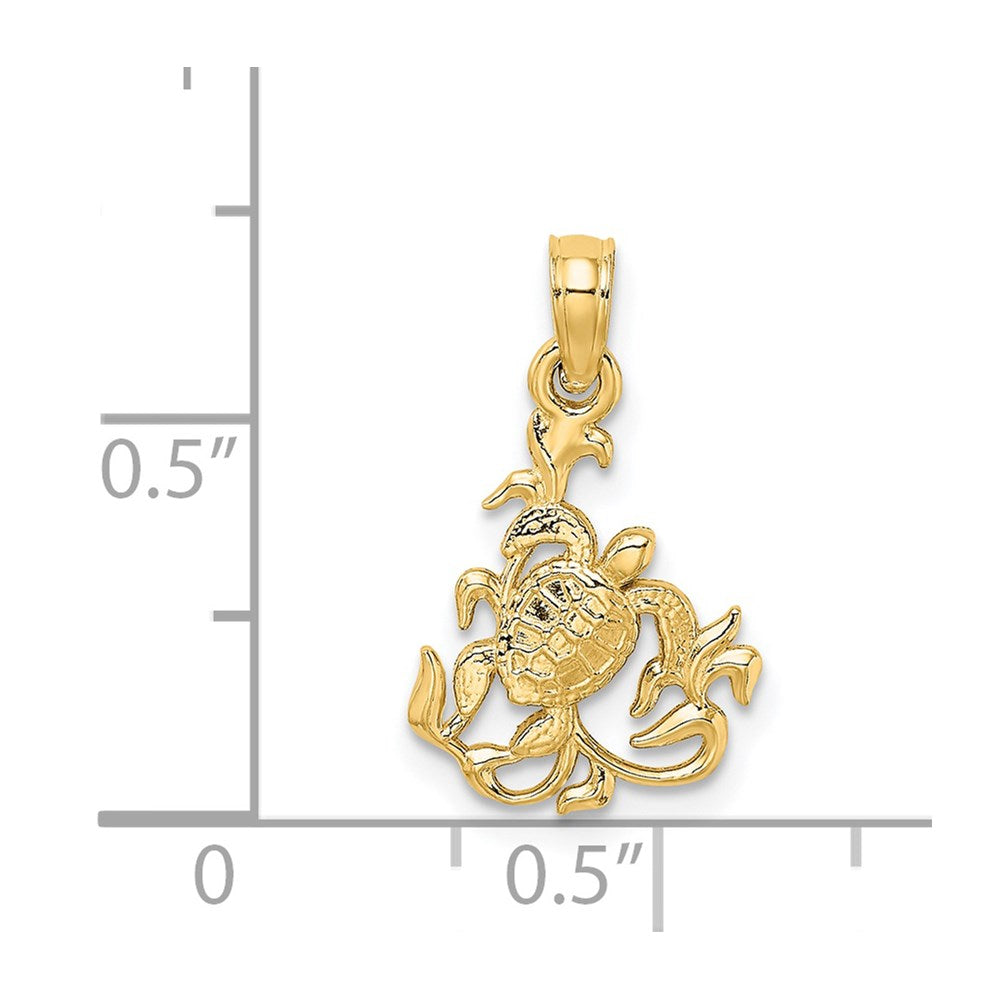 14K Yellow Gold Textured Mini Sea Turtle And Kelp Charm