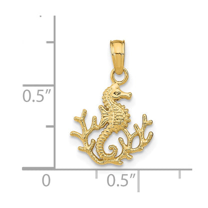 14K Yellow Gold Textured Mini Seahorse And Coral Charm