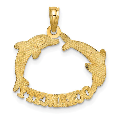 14K Yellow Gold Polished Ocean City W/ Jumping Dolphins Charm