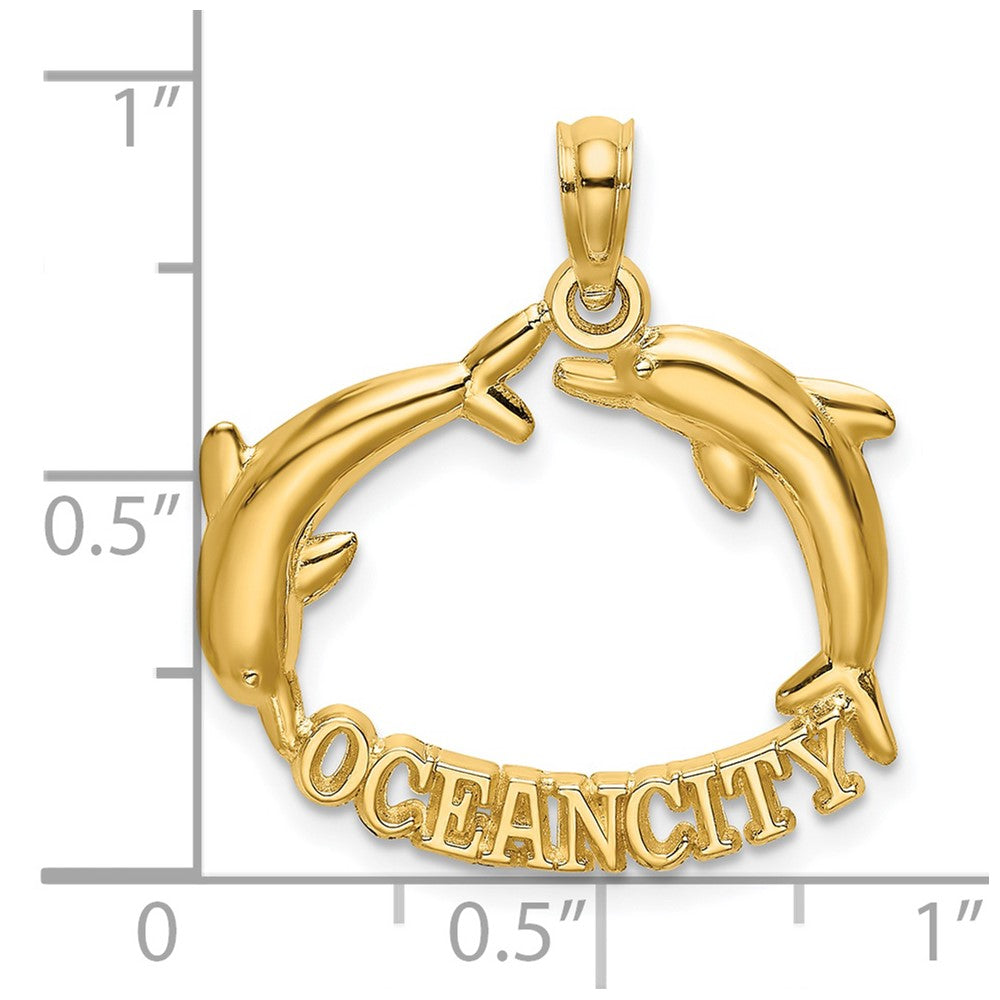 14K Yellow Gold Polished Ocean City W/ Jumping Dolphins Charm