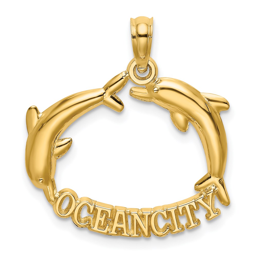 14K Yellow Gold Polished Ocean City W/ Jumping Dolphins Charm
