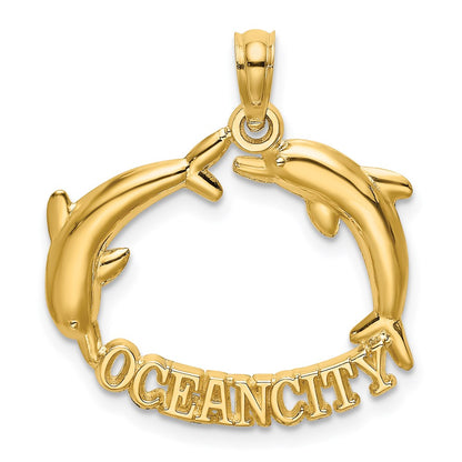 14K Yellow Gold Polished Ocean City W/ Jumping Dolphins Charm