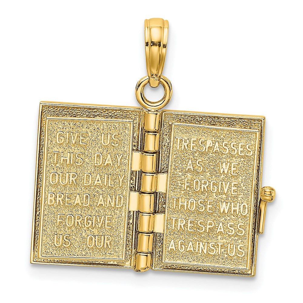14K Yellow Gold 3-D Moveable Pages Holy Bible W/ Lords Prayer Charm