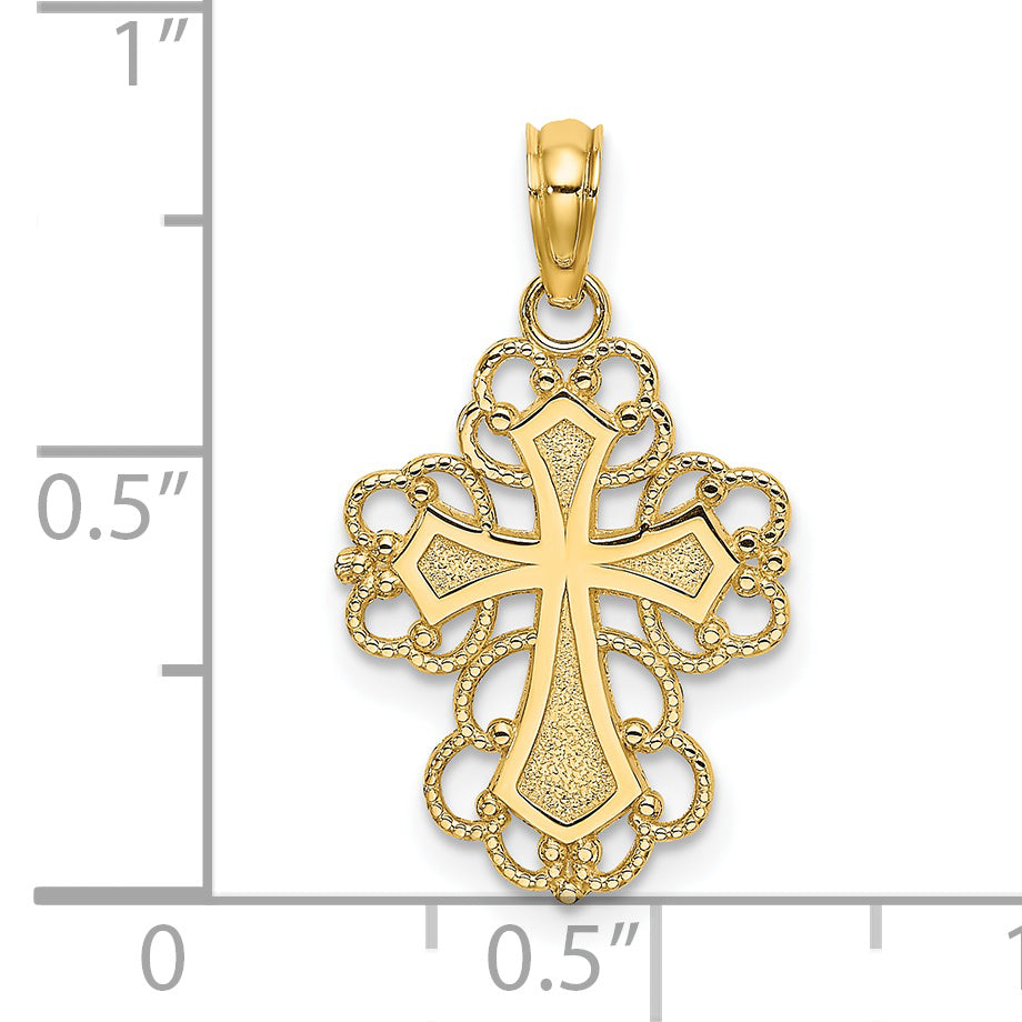 14K Yellow Gold Beaded Lace Trim Cross Charm