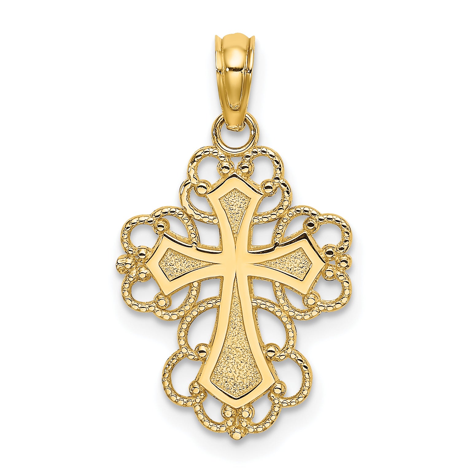 14K Yellow Gold Beaded Lace Trim Cross Charm