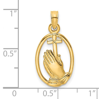 14K Yellow Gold Praying Hands And Cross In Oval Charm