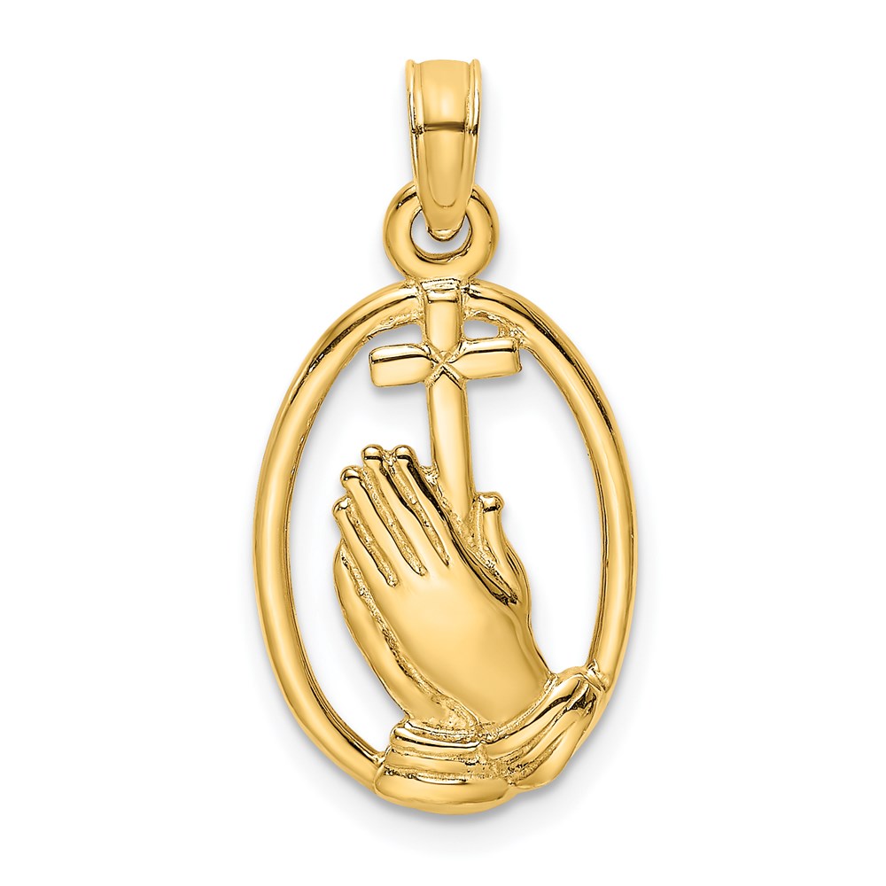 14K Yellow Gold Praying Hands And Cross In Oval Charm