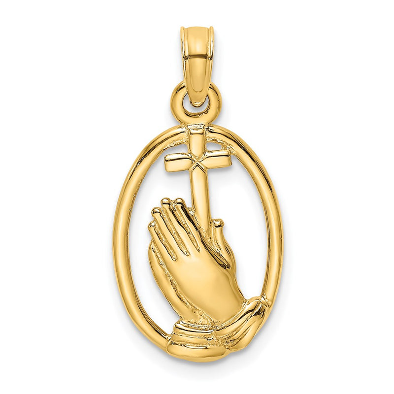 14K Yellow Gold Praying Hands And Cross In Oval Charm