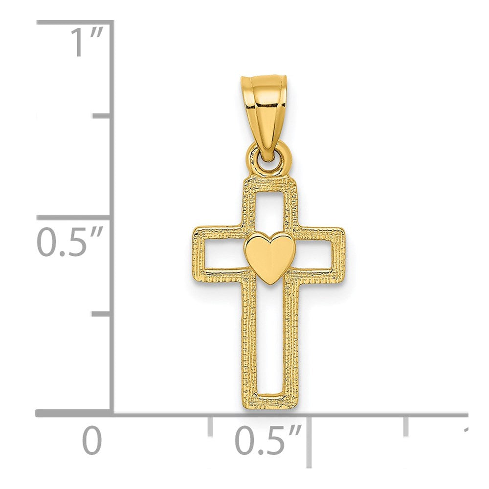 14K Yellow Gold Cut-Out Cross W/ Heart Charm