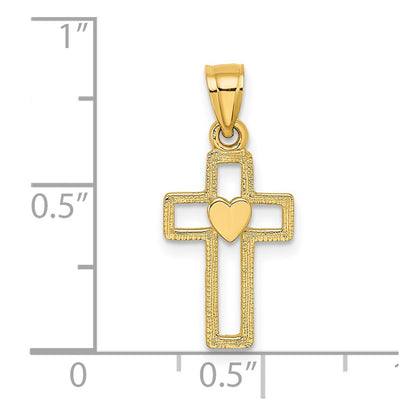 14K Yellow Gold Cut-Out Cross W/ Heart Charm