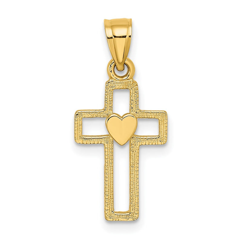 14K Yellow Gold Cut-Out Cross W/ Heart Charm