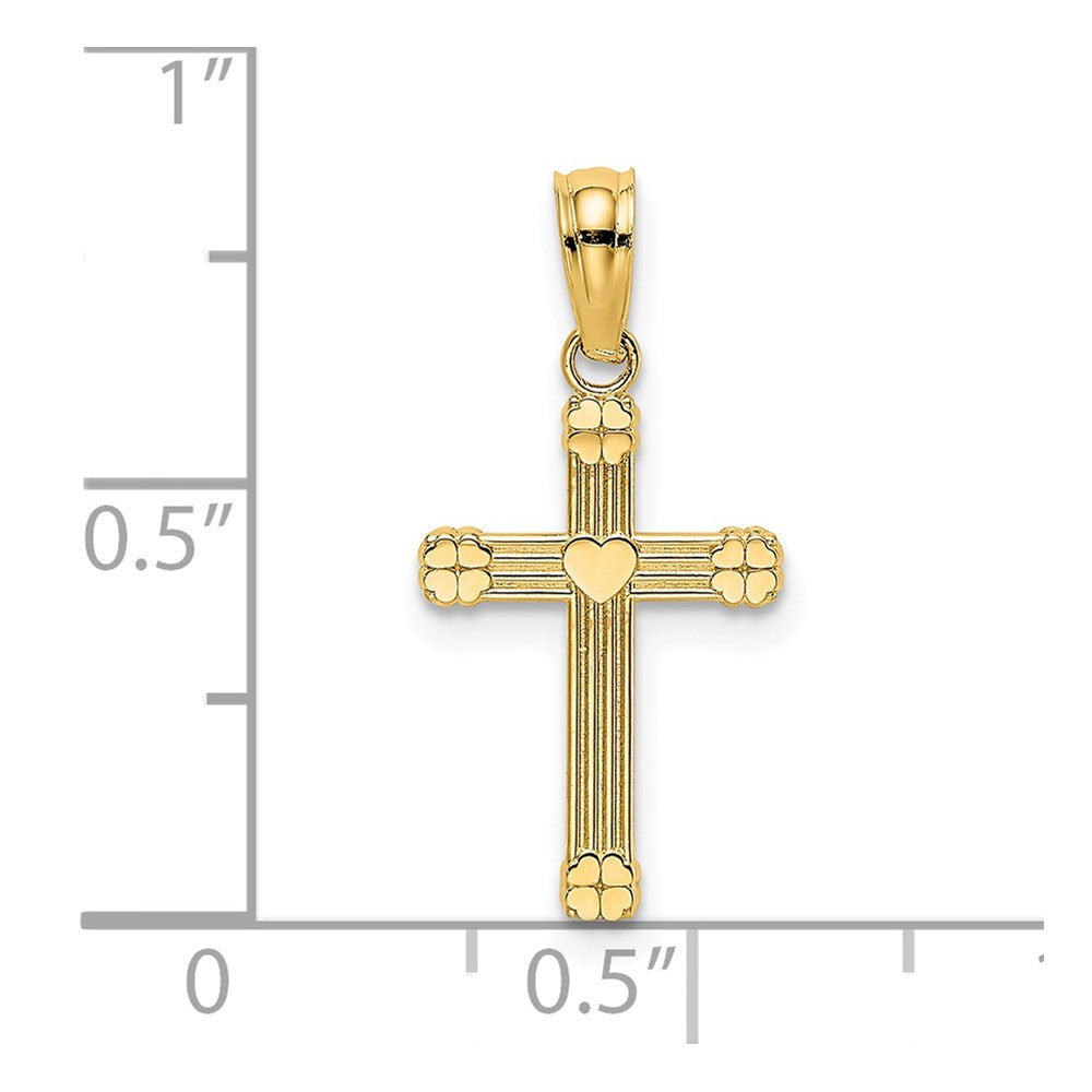14K Yellow Gold Textured W/ Center Heart Small Cross Charm