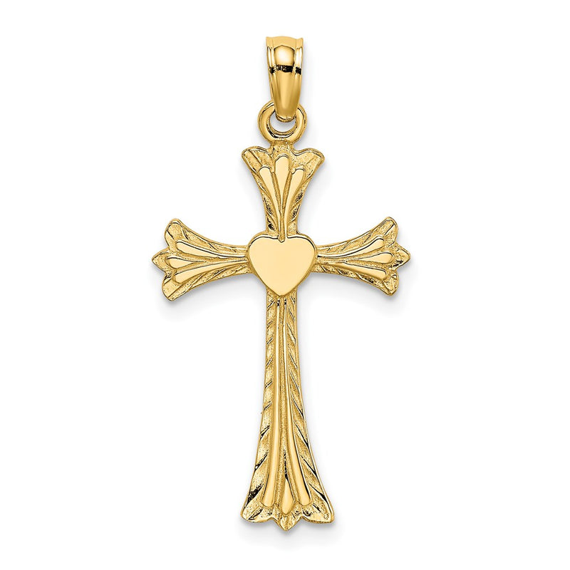 14K Yellow Gold Polished And Engraved Cross W/ Heart Charm