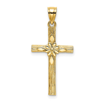 14K Yellow Gold Cross W/ Flower Charm