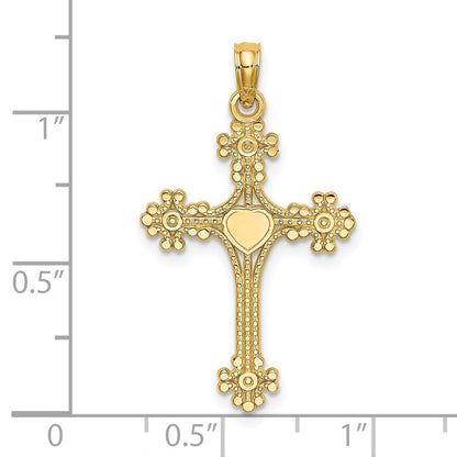 14K Yellow Gold Beaded Tip Cross W/ Heart Center Charm