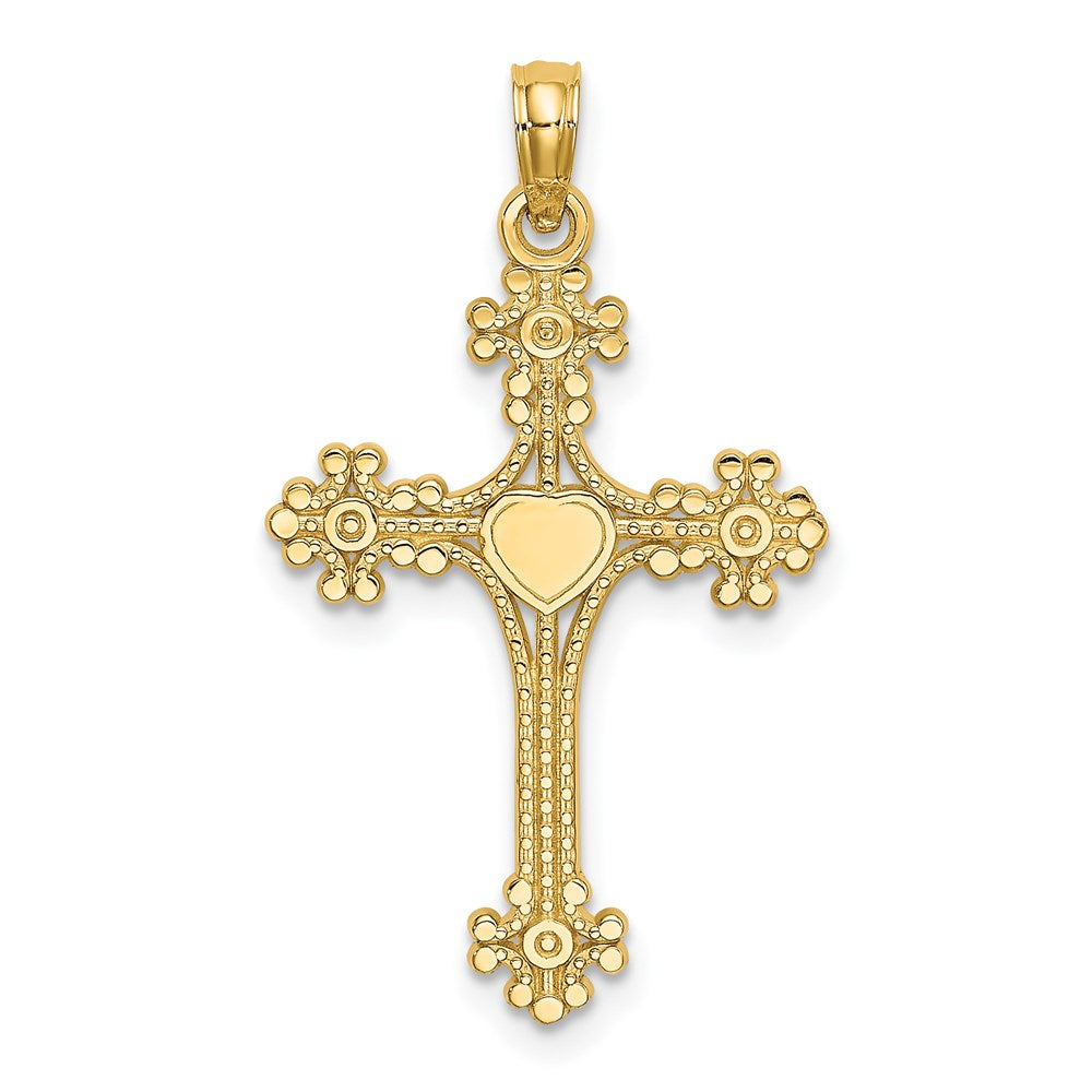 14K Yellow Gold Beaded Tip Cross W/ Heart Center Charm