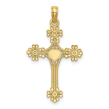 14K Yellow Gold Beaded Tip Cross W/ Heart Center Charm