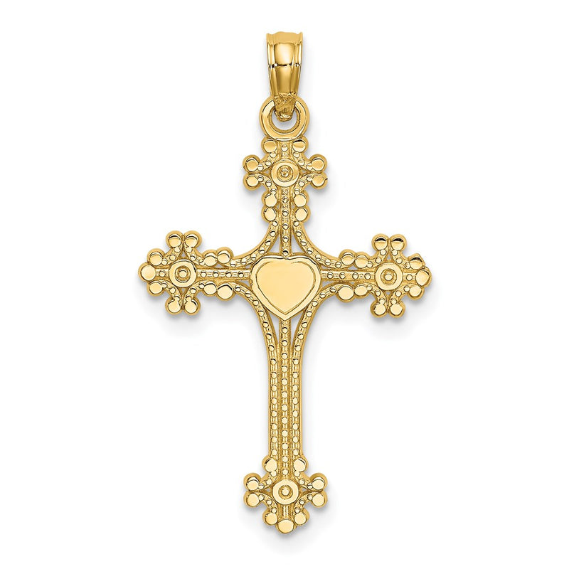 14K Yellow Gold Beaded Tip Cross W/ Heart Center Charm