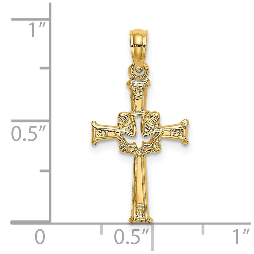14K Yellow Gold Polished And Engraved Cross Dove Charm