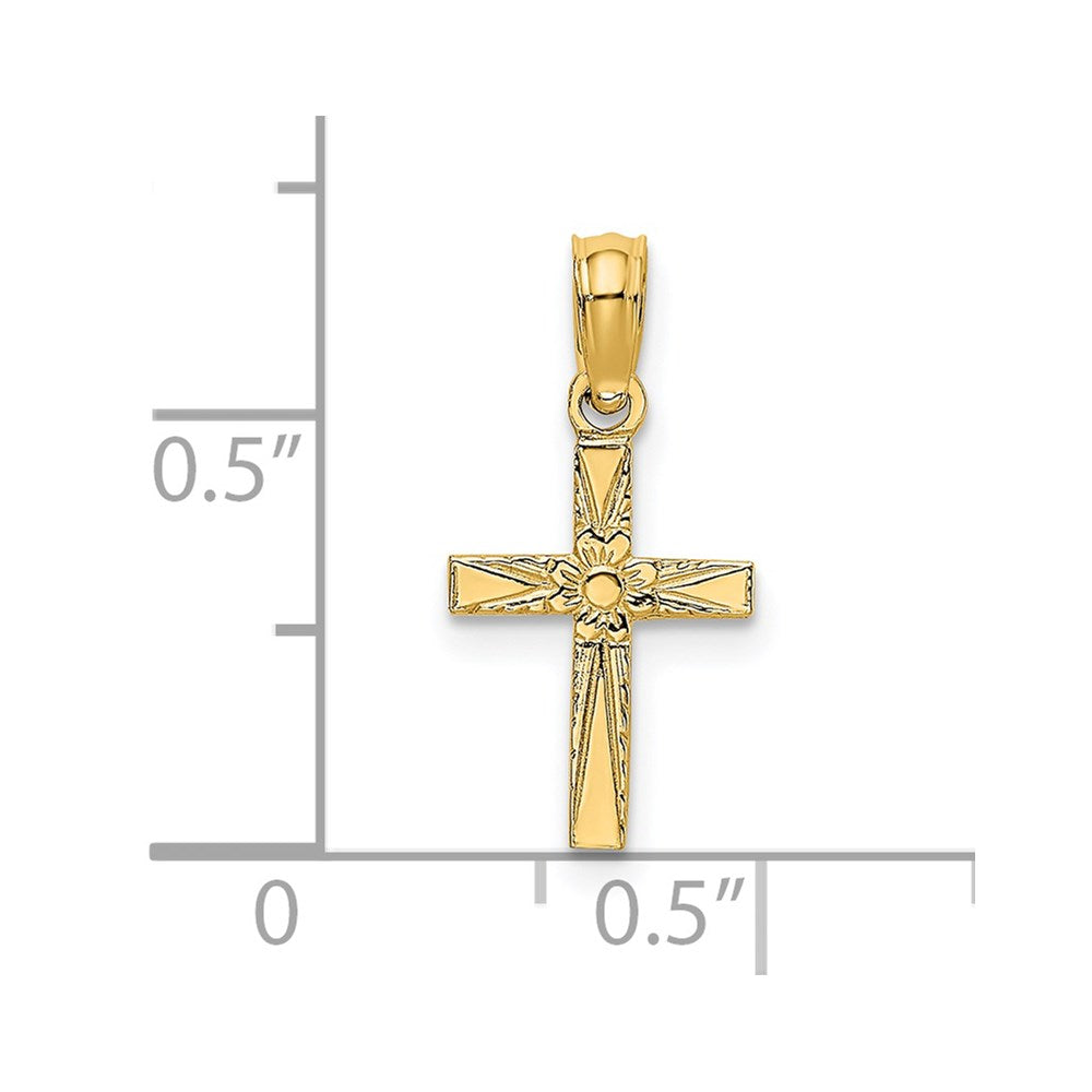 14K Yellow Gold Polished And Engraved Mini Cross W/ Flower Charm