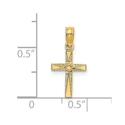 14K Yellow Gold Polished And Engraved Mini Cross W/ Flower Charm