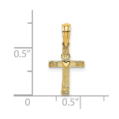 14K Yellow Gold Textured Mini Cross W/ Heart Charm