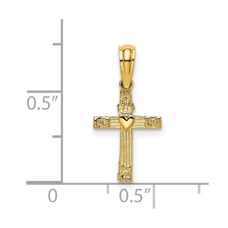14K Yellow Gold Textured Mini Cross W/ Heart Charm