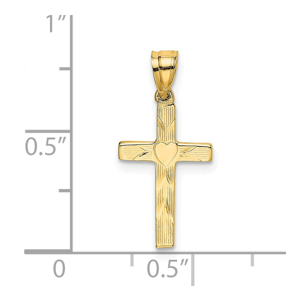 14K Yellow Gold Polished And Engraved Cross W/ Heart Center Charm